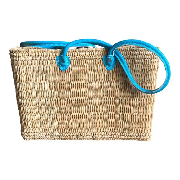 MISA Handbags - Misa Los Angeles Jane Straw Tote Bag With Blue Leather Double Handle NWOT